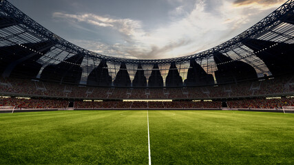 Modern empty football stadium at dusk, under cloudy sky. Field ready for action. 3d rendering illustration. Concept of professional sport, competition, championship, match, energy © Lustre Art Group 
