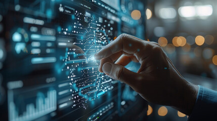 A hand reaches out to touch a high-tech digital interface with glowing data points and a futuristic design, highlighting advanced technology.
