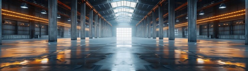 Empty industrial warehouse with symmetrical design, skylights, and shiny floors, creating a sense of openness and clarity, Digital Art, High Detail, Industrial 8K , high-resolution, ultra HD,up32K HD