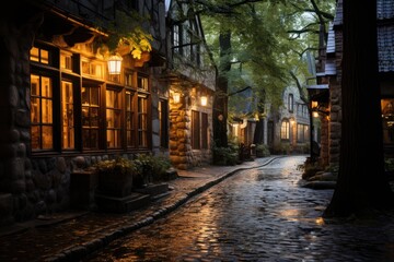Streets of cobblestone in a historic neighborhood with old houses., generative IA