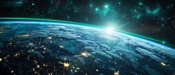 Earth seen from space with holographic grids and technological overlays, emitting bright green and blue light, SciFi, HighResolution, Cyberpunk 8K , high-resolution, ultra HD,up32K HD