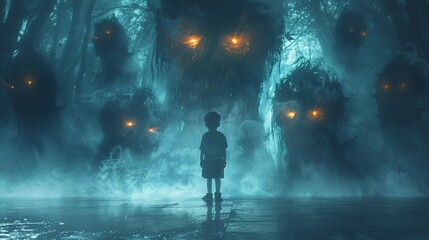 Naklejka premium Child standing before menacing shadow beings with bright eyes and terrifying expressions, illuminated by an ethereal light, Digital Art, Horror, Moody 8K , high-resolution, ultra HD,up32K HD