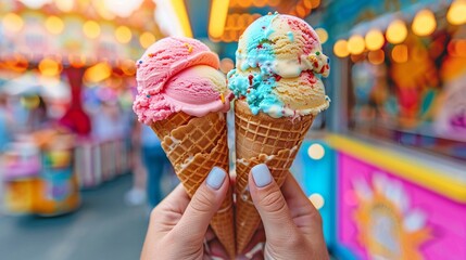 Closeup of hands with ice cream cones in front of a lively fairground with vivid colors and playful decorations, Watercolor, Cheerful, Festive 8K , high-resolution, ultra HD,up32K HD