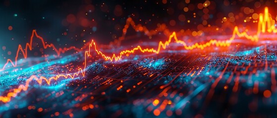 Dynamic financial graph with glowing blue and orange lines, representing stock market fluctuations, Digital Art, Neon, High Contrast 8K , high-resolution, ultra HD,up32K HD