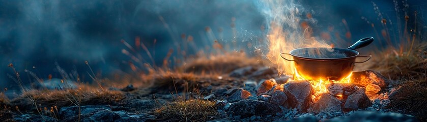 Outdoor cooking scene with a pan over a fire, glowing in the soft light of dawn or dusk, smoke gently rising, Digital Art, Warm, Natural 8K , high-resolution, ultra HD,up32K HD