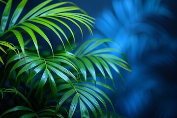 Obraz premium Green leaf of a palm tree against a background of blurred glare of light. Concept: natural backgrounds, ecology. Copy space banner