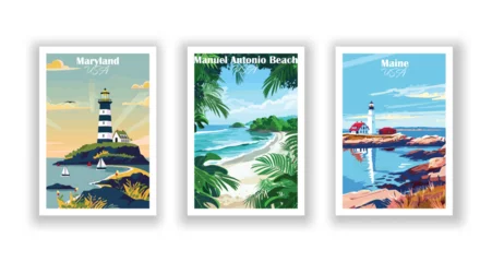  Maine, Manuel Antonio Beach, Maryland - Vintage travel poster. Vector illustration. Poster Travel for Hikers Campers Living Room Decor © DesignerThc
