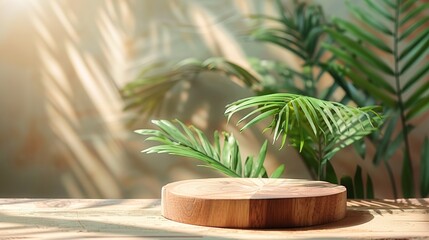 Minimal natural wood podium with green palm leaf with sunlight background. Minimal wooden stand for branding and packaging presentation 
