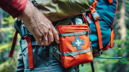 This high-resolution photo showcases a close-up of a first aid kit being removed from a backpack pocket, highlighting the essential nature of preparedness.