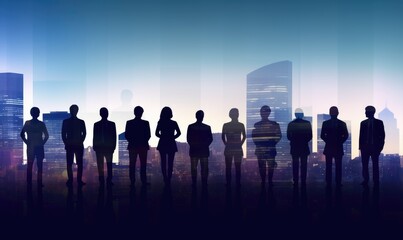 Silhouettes of Business People Gazing at City Skyline at Sunset Background with Double Exposure Effect