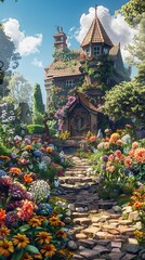 A whimsical garden with oversized flowers, talking animals, fairies, and gnomes, realistic.
