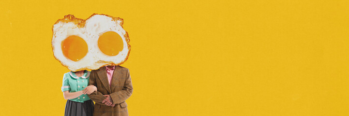 Couple, man and woman with heads replaced by large fried eggs against bright yellow background. Contemporary art collage. Concept of food, pop art, surrealism. Creative colorful design.