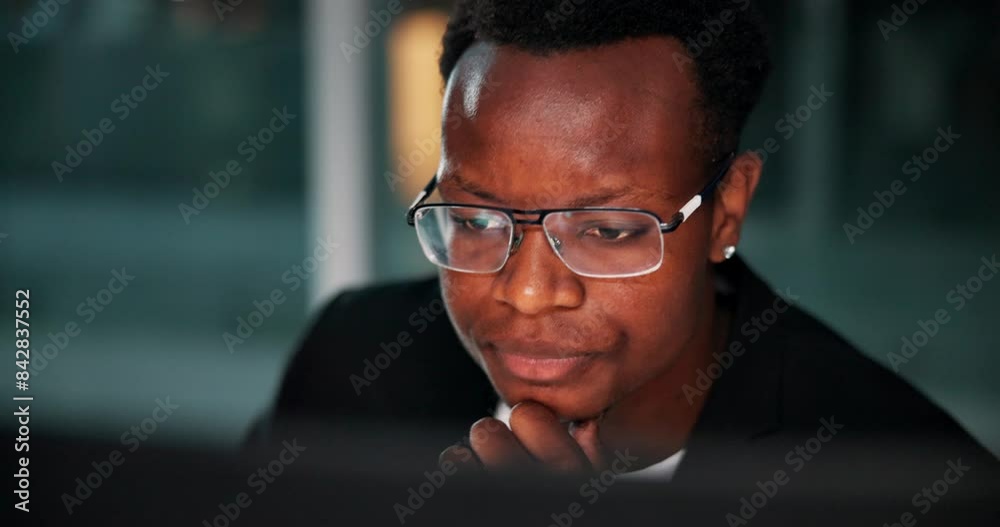 Aufkleber Face, black men and thinking on computer in office at night for overtime, deadline and online research as programmer. Employee, problem solving and reading for software update and digital data
