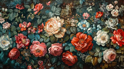 Floral tapestry with detailed patterns, rich textures, and vibrant colors