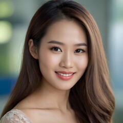 Fototapeta premium Pretty Asian beauty woman long hair with japanese makeup glowing face and healthy facial skin portrait smile on isolated office background