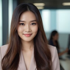 Fototapeta premium Pretty Asian beauty woman long hair with japanese makeup glowing face and healthy facial skin portrait smile on isolated office background