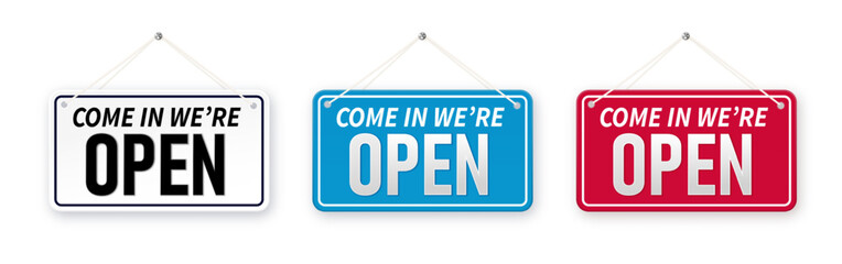 Set of business hanging signboard, we're open and closed. Closed and open. Red sign Sorry we are closed for holidays, with shadow isolated on red background. Vector