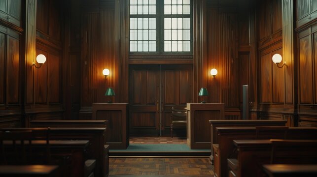 In the background is a grand wooden interior of a courthouse before a civil case hearing starts. Included is a bench for the judge, tables for defendants and plaintiffs, and a large wooden stand for