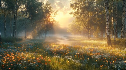 Obraz premium A realistic photo capturing the serene atmosphere of a summer morning in Russia