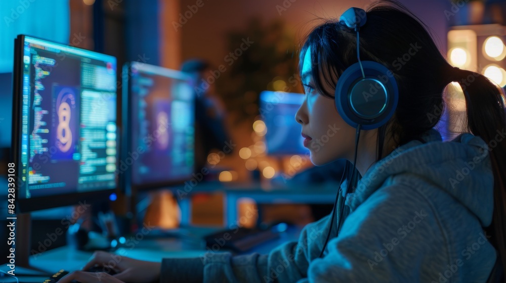 Poster game programmer asian writing code on desktop computer in diverse office. gameplay engineer writing 