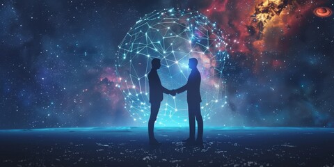 Two businessmen shaking hands in the universe, sense of science and technology, sense of science and technology, vision, silhouette, earth, dream, movie shot, 4k high-definition wallpaper, entrepreneu
