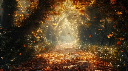 Fototapeta premium Woodland path with fallen leaves, dense trees, and soft sunlight
