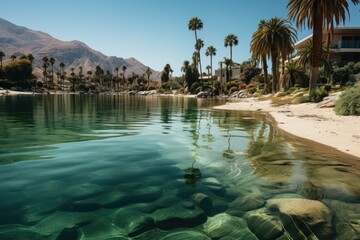 Oasis serene palm trees, lake, desert., generative IA
