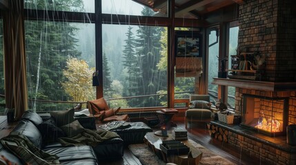 cozy relaxing cabin in the woods, living room with fireplace, rainy forest view, brick wall, 4K UHD 