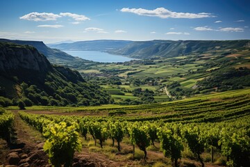 Naklejka premium Vineyards in perfect order under blue sky., generative IA