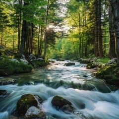 Obraz premium A tranquil river flows through a lush forest at sunset, surrounded by vibrant green trees and peaceful rocks in the water