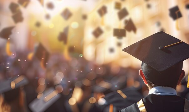 University Graduation Celebration Ceremony with Caps, Gowns, and Confetti, Blurred Bokeh Background