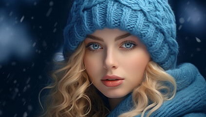 Winter beautiful girl in blue knitted hat