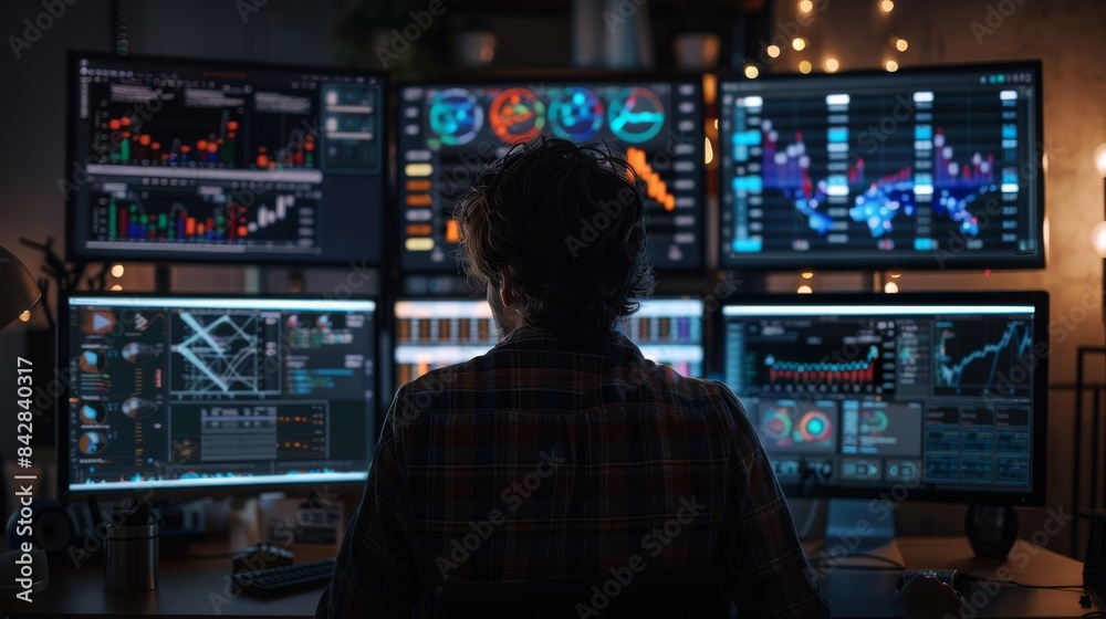 Poster using a desktop computer and big digital screen in a monitoring control room as a technical support 