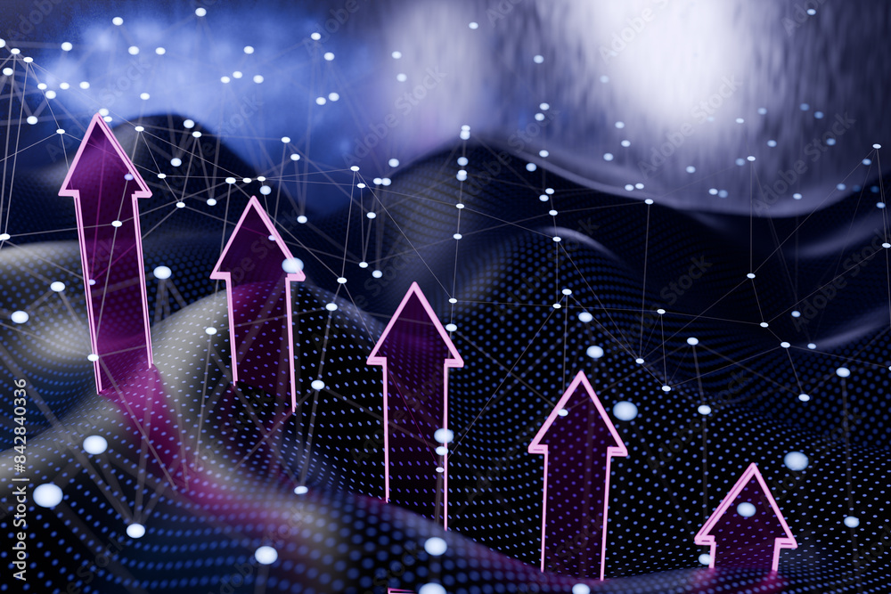 Poster digital arrows pointing upwards over a futuristic landscape with a network of dots and lines. 3d ren