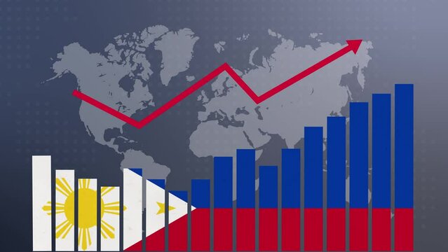 Philippines bar chart graph with ups and downs, increasing values, concept of economic recovery and business improving, businesses reopen, politics conflicts, war concept with flag