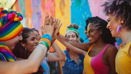 Diverse group wearing rainbow colors, high-fiving in a workshop with vibrant pride colored walls, symbolizing unity, strength, and community spirit.