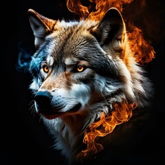 Fototapeta premium Wolf coming out of yellow smoke, with the impression of fire