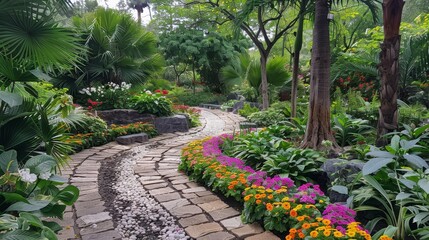 Botanical garden with diverse plant species, lush greenery and colorful blooms