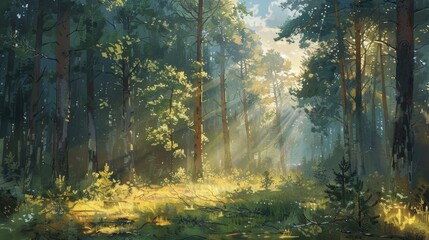 Obraz premium Forest landscape with tall trees, dappled sunlight, and a misty atmosphere
