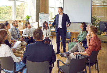 Business people chatting on conference. Company employees talking in office and making great...