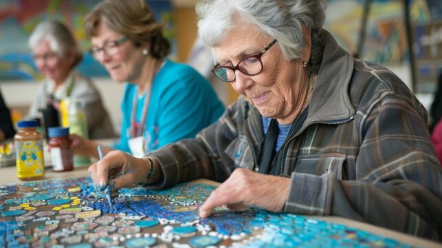 A local artist leads a workshop with community members to create a mosaic art piece that will be displayed in the lobby of the community center.