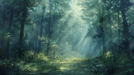 Obraz premium Forest landscape with tall trees, dappled sunlight, and a misty atmosphere