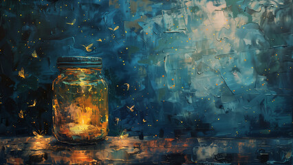 Summer Serenity: Vintage Oil Painting of Fireflies in a Jar