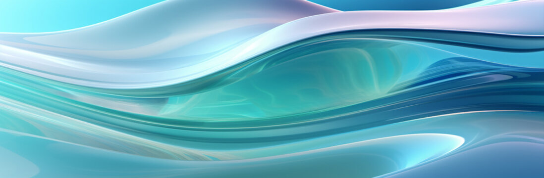 Create a mesmerizing background featuring wavy glass shapes with fluid, undulating lines. Emphasize the transparency and reflective properties of the glass,