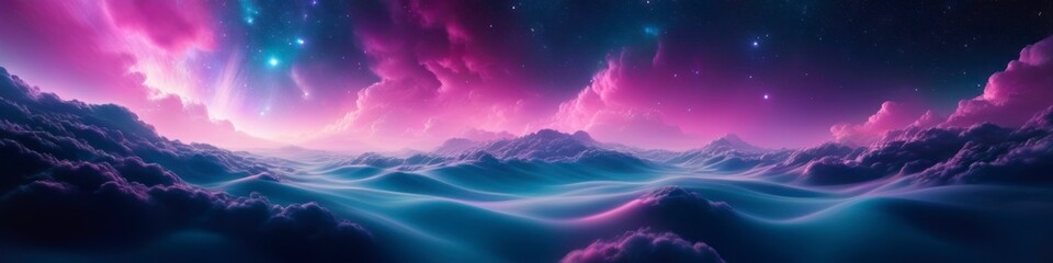 This abstract background transports viewers into the depths of the galaxy, where ethereal pink clouds drift through the vastness of space, creating a scene of cosmic beauty.