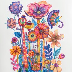 Vibrant floral illustration showcasing colorful and abstract flowers, perfect for artistic and creative uses in various designs.