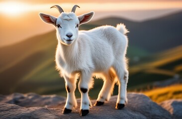 Obraz premium white goat stands on a rock in the mountains at sunset or sunrise