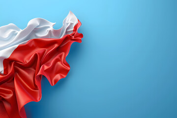 A high-resolution image of the Polish flag waving dynamically on a solid blue background