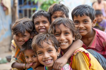 Portrait of a group of indian children at the street.