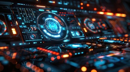 Obraz premium A futuristic interface display with holographic elements and dynamic lighting. The high-resolution background captures the essence of advanced technology, with shadows adding depth and realism. This